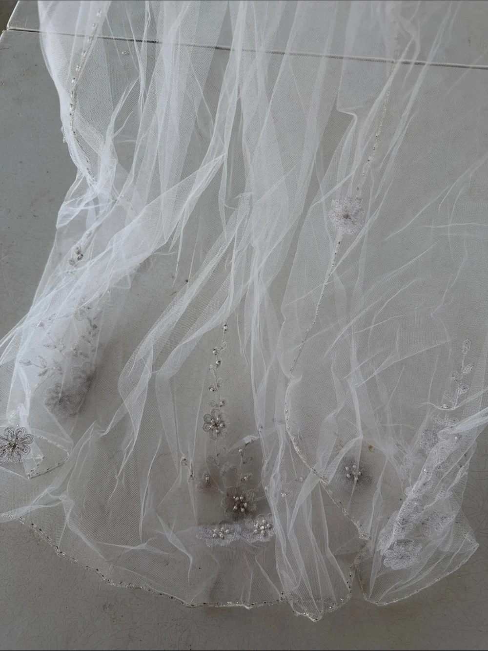 White Bridal Veil with Beaded Floral Appliqués